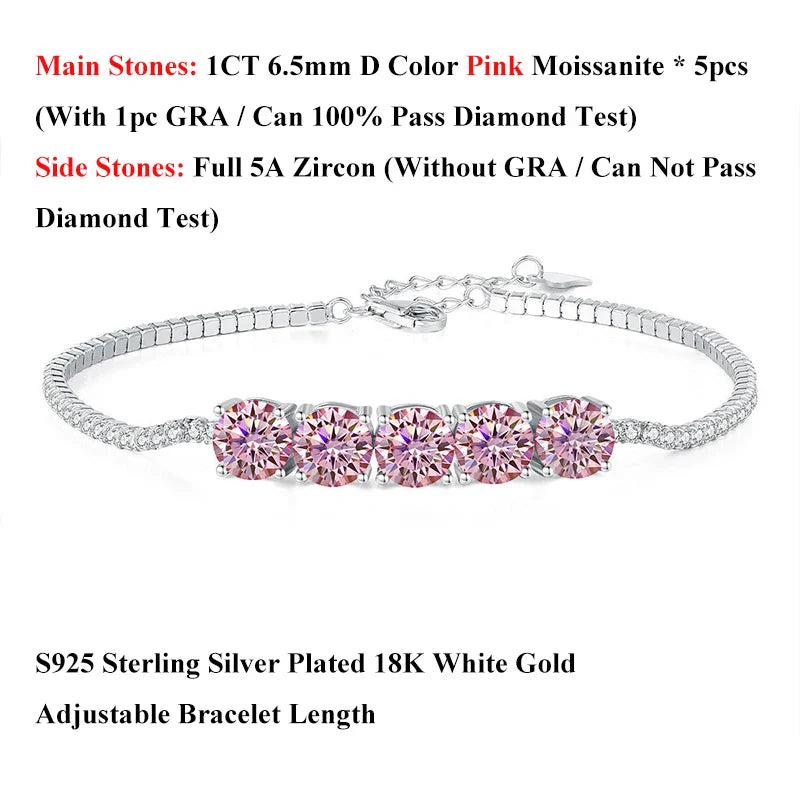 Pink Blue Green Moissanite Diamond Link Bracelet 6.5mm 5cttw for Woman 925 Silver Plated 18K Adjustable Chain Bracelets