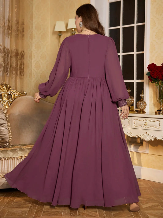 Plus Size V-Neck Sequin Panel Splice Chiffon Evening Dress Women's Elegant Glitter Gown for Formal Occasions