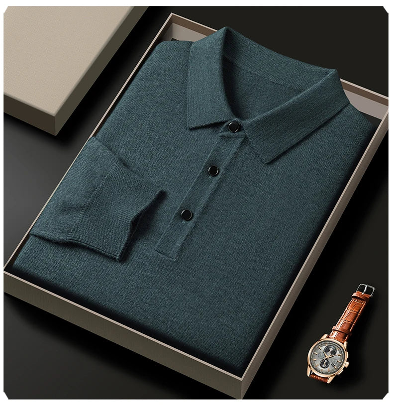 Fashion luxury knitted long sleeve polo shirt men's autumn new trend simple solid color soft skin friendly comfort lapel sweater