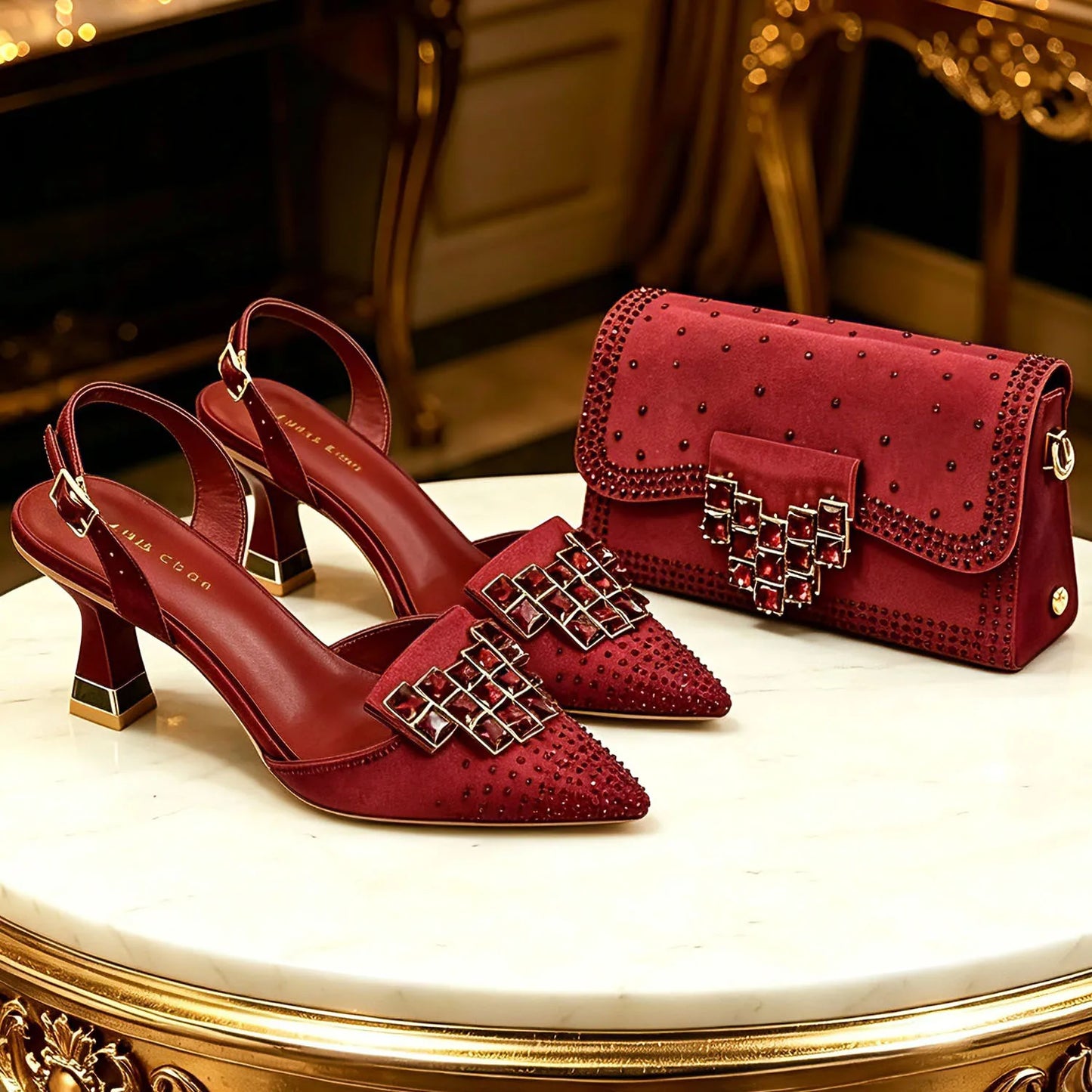 Orange Rhinestone High Heels with Matching Handbag - Elegant Pointed-Toe Women's Shoes Perfect for Parties