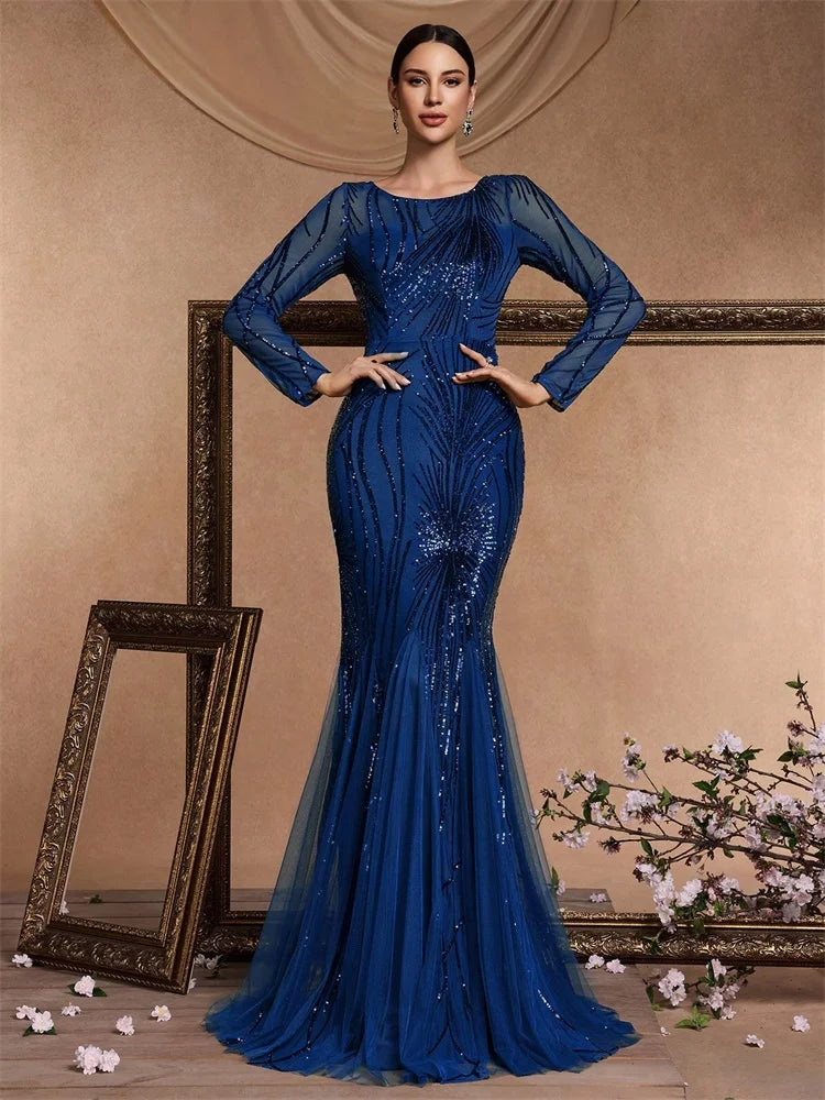 Elegant Long Sleeves Blue Sequins Evening Dresses 2025 Women Mermaid Formal Party Maxi Prom Dress Cocktail Graduation Gowns