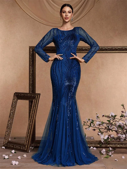 Elegant Long Sleeves Blue Sequins Evening Dresses 2025 Women Mermaid Formal Party Maxi Prom Dress Cocktail Graduation Gowns