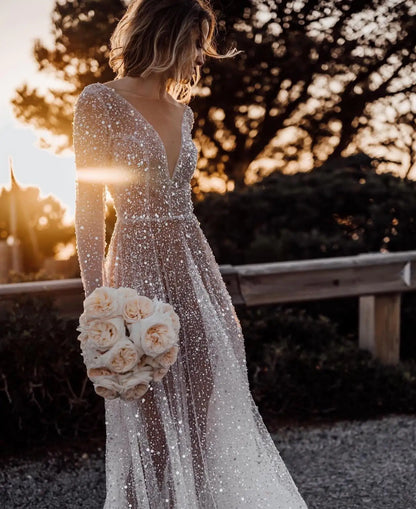 Stunning Beaded Sequined Long Sleeves V-neck Wedding Dresses Formal Party Grown Evening Dresses 2024 Rode De Morrie