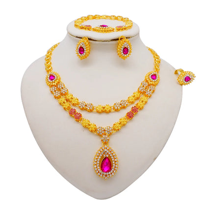 Women Gold Color Jewelry Sets Blue Pendant Necklace Earrings Bracelet Ring Sets Party Gifts