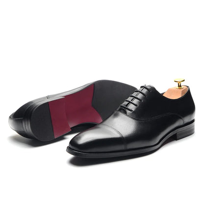 Classic Cowhide Genuine Leather Mens Dress Shoes Black Brown Cap Toe Lace-Up Oxford Company Business Office Formal Shoes for Men