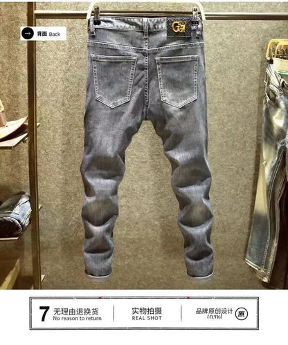 Spring and Autumn New Fashion Trend Print Retro Straight Leg Sports Denim Pants Men's Casual Slim Breathable High-Quality Jeans