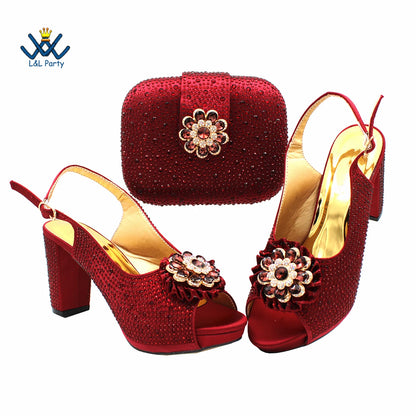 Special Design Women Crystal Style African Ladies Party Shoes Matching Bag in Magenta Color