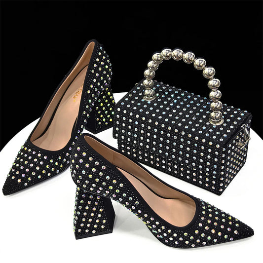 Nigerian Heel Party for Women Yellow Shoes and Bag Set Rhinestone Handbag Italian Design Wedding