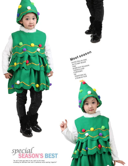 2024-2025 Girl Chritmas Tree Cosplay Costume 2 Pieces Set Dress+Hat Adorable Xmas Party Clothing Toddler St.Nicholas Day Apparel
