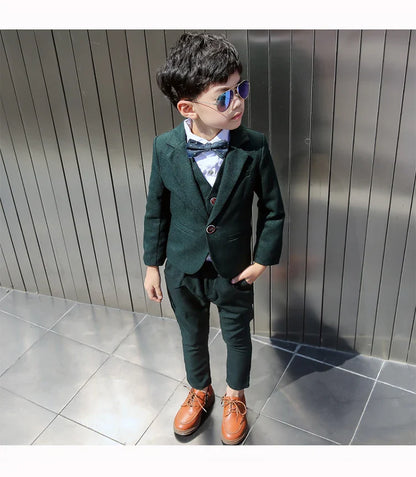 Boys Dark Green Formal Wedding Party Suit Children Blazer Vest Pants Tie 4 PCS Tuxedo Kids Performance Photography Dress Costume