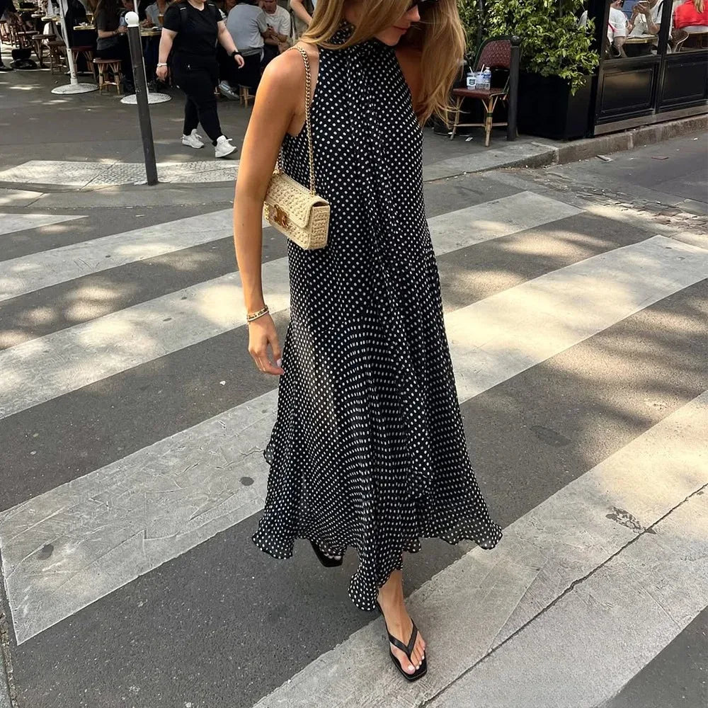 Halter Scarf Dot Print Dress Women Sleeveless Backless Chiffon Holiday Dress Fashion 2025 Summer Loose Beach Dress
