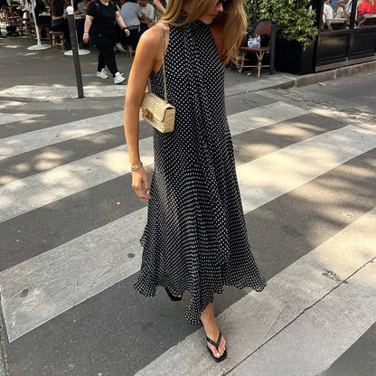 Halter Scarf Dot Print Dress Women Sleeveless Backless Chiffon Holiday Dress Fashion 2025 Summer Loose Beach Dress