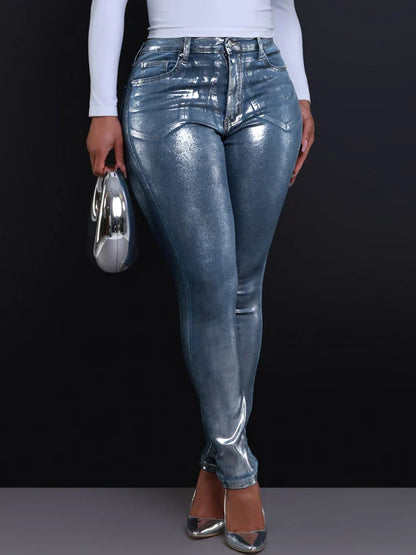 American Jeans Women Pencil Pants 2025 New Metallic Silver High Waist Streetwear Elastic Skinny Denim Trousers Female y2k