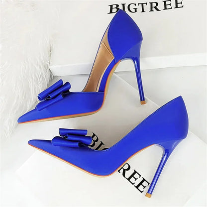 2024 Women 10.5cm High Heels Sweet Korean Side Hollow Pumps Lady Party Purple Green Kawaii Bowknot Heels Prom Silk Satin Shoes