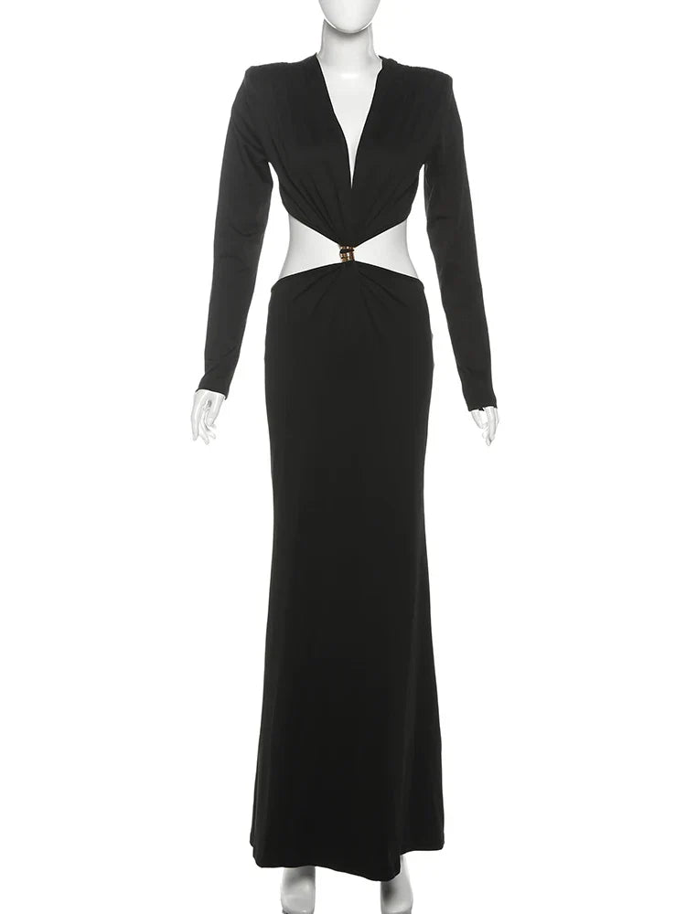 Waistless V-neck Women Maxi Dresses Classic Elegant Lapel Full Sleeve V-neck Sheath Vestidos Female High Street Bodycon