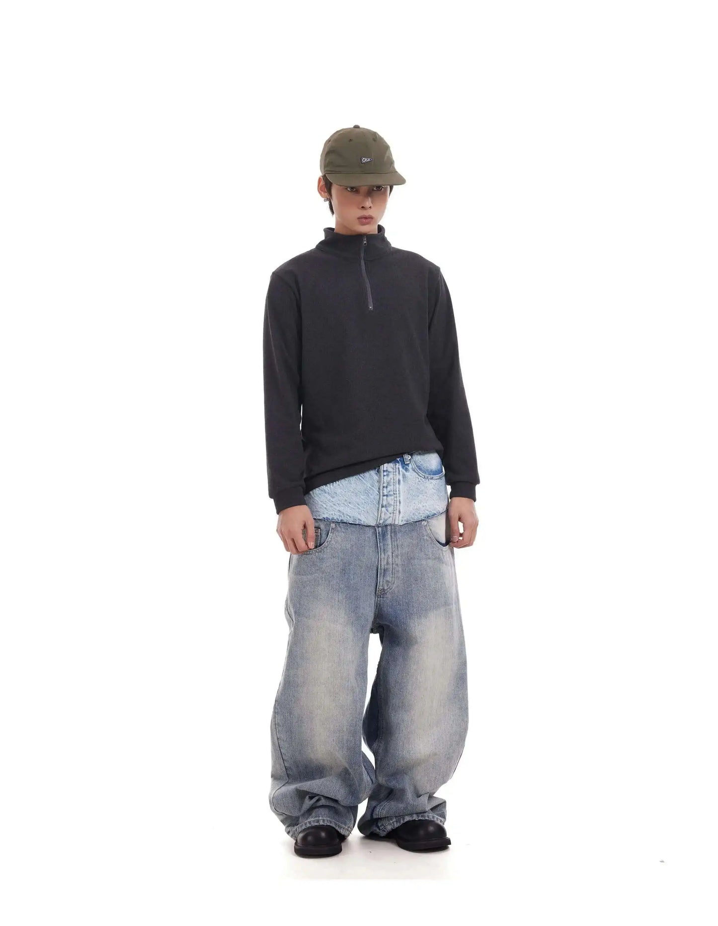Niche Colorblock Patchwork Wide Leg Blue Jeans Men's Spring 2025 New Straight Double Waist Design Denim Trousers 28W6048