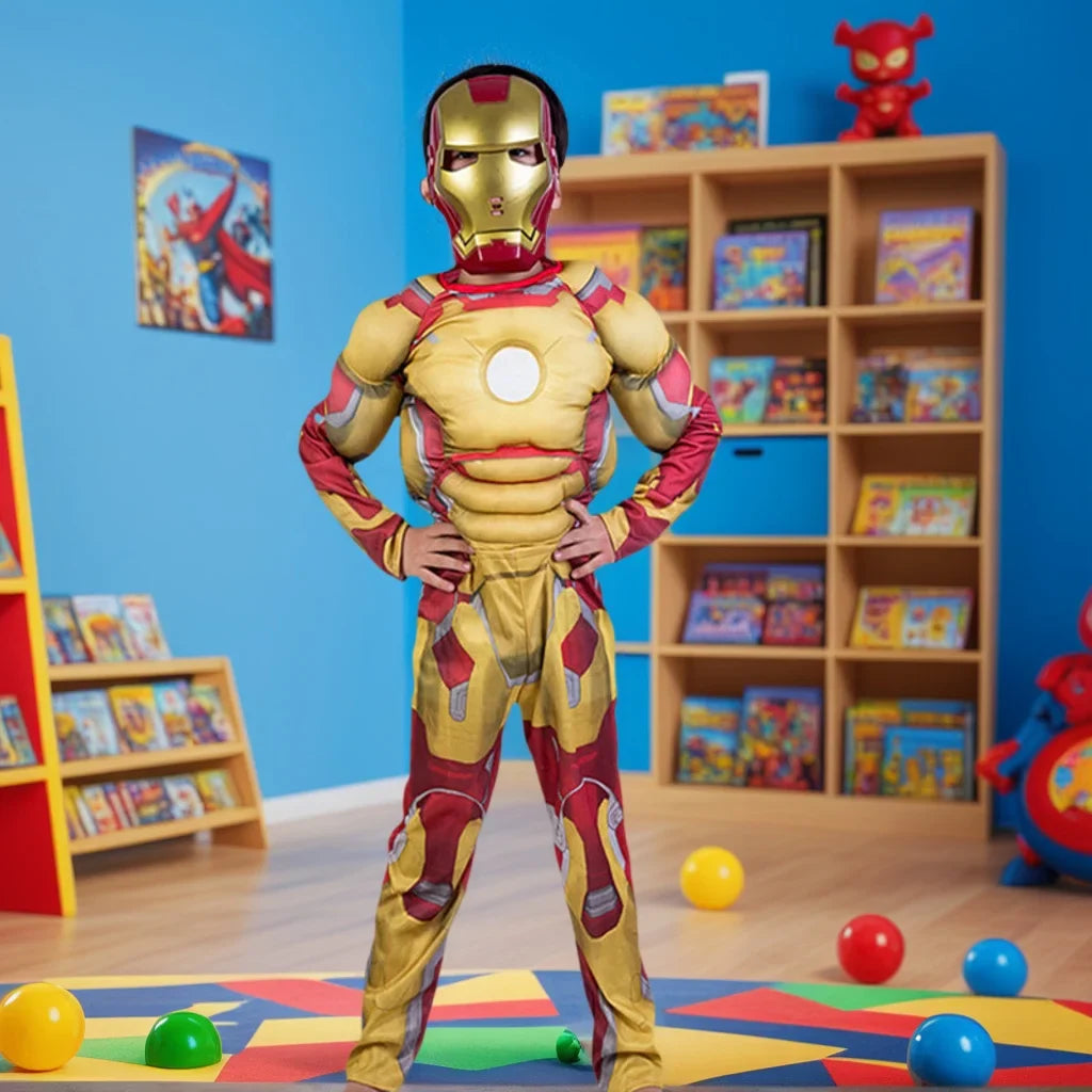Kids Yellow Iron Man Costume Superhero Muscle Suit with Mask Role Play Costume for Halloween Christmas Party Performance