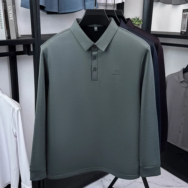 2025 Winter Men's Fashion New Collection with Velvet Long Sleeve T-shirt, Collar with Mulberry Silk and Wool Warmth POLO Sweater