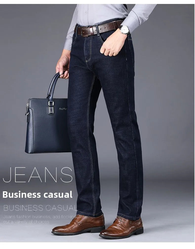 Autumn and Winter New Male Business Casual Stretch Trousers Concise Blue Denim Pants Men's Loose Straight Jeans Jeans for Man