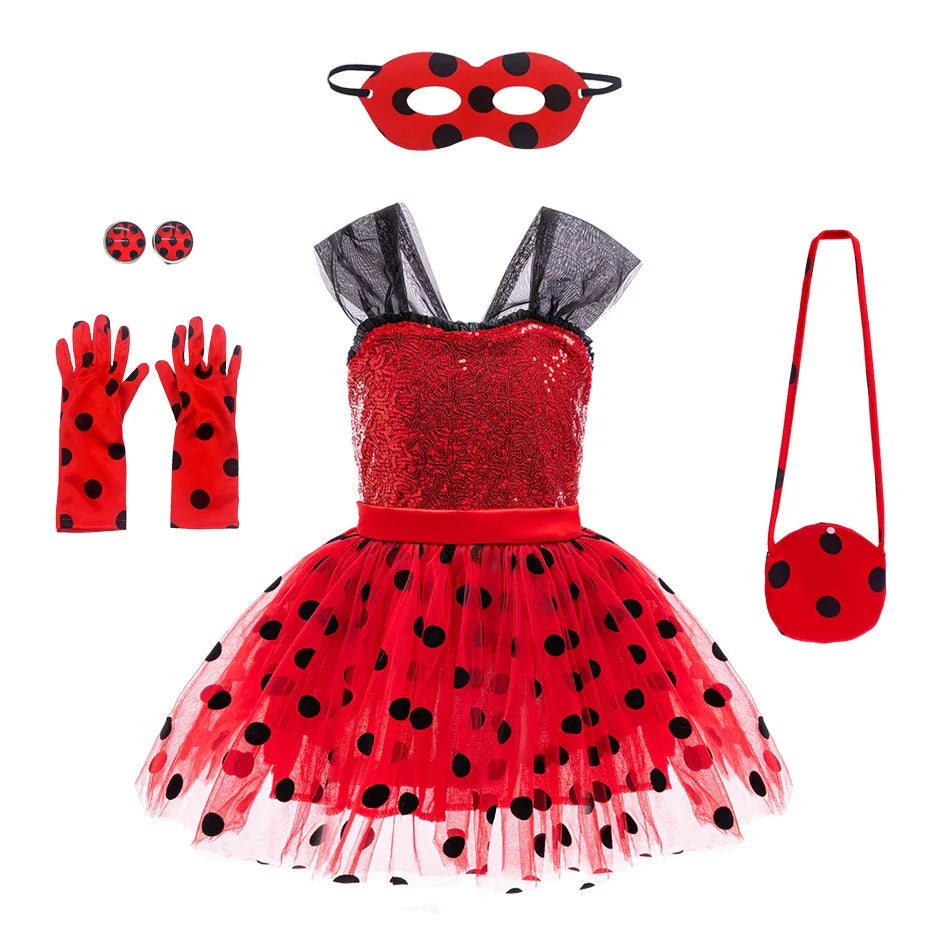 Girl Polka Dot Princess Dress Ladybug Dress Up Fur Ball Headband Black and Red Dress Halloween Cosplay costume Carnival Clothes