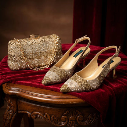 Nigerian Women Heel Ladies Italian Luxury Design Green Shoes And Bag Set Decorated with Rhinestone Handbag Wedding Party