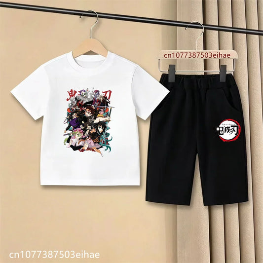 Demon Slayer Ghost Blade Character Print Kids T-Shirt Casual Shorts Anime Comic Design Summer Comfortable Daily Wear Outfit Set