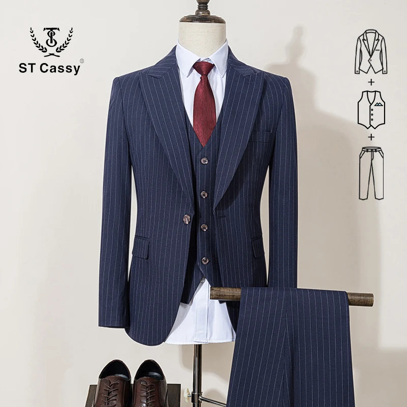 High-quality striped suits for men slim fit luxurious and elegant men's business suit 3-piece set party full men's suit