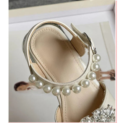 Girl's Sandals Crystal Beading Elegant Patent Leather Children Sliders Open Toe Low Heel Solid Color 26-36 Kids Summer Shoes