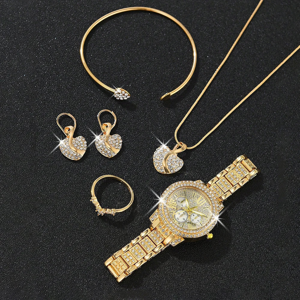 Ladies Watch 6pcs/Set Women's Fashion Heart Necklace Earings Bracelet Rings Jewelry Set Shaped Rhinestone Quartz Watch Set Watch