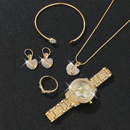 Ladies Watch 6pcs/Set Women's Fashion Heart Necklace Earings Bracelet Rings Jewelry Set Shaped Rhinestone Quartz Watch Set Watch