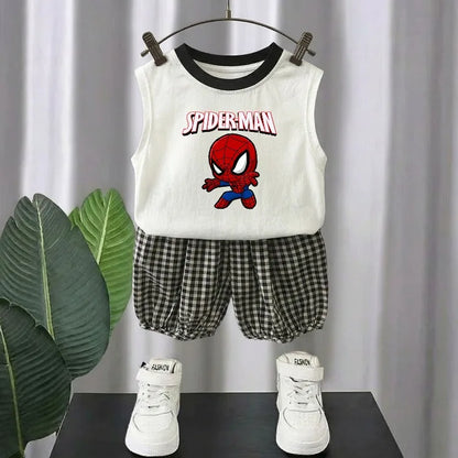Summer Cute Cartoon Printed Boys Casual Outfits Kids Fashion Plaid Shorts Sets Children Sleeveless Top and Bottom Two Piece Sets