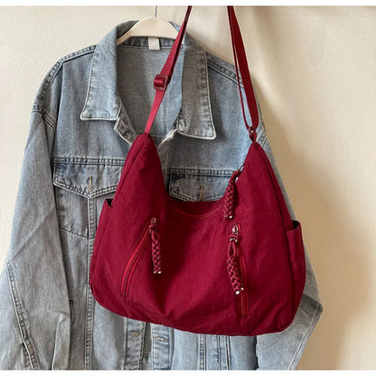 Summer Women Solid Color Shoulder Bag Fashion Lightweight Versatile Travel Crossbody Bag Commuter Nylon Large Capacity Hobo Bag