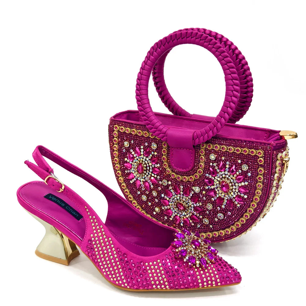 Summer New Design Specials Italian Women Shoes and Bag Set Fuchsia Color Comfortable High Heels With Rhinestone