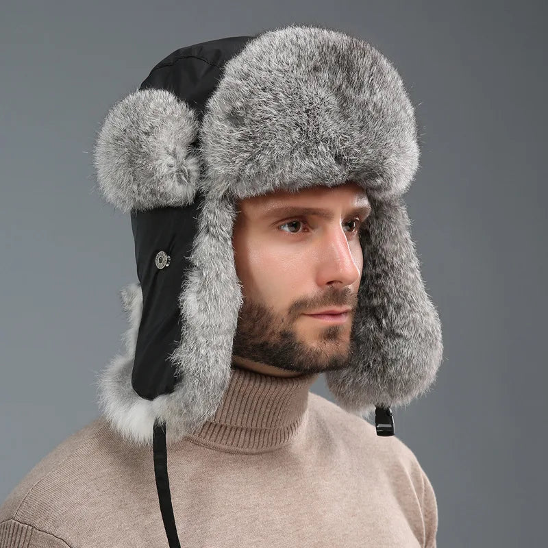 Russia Winter Real fur Hat Unisex Outdoor Windproof Super Warm Real Rabbit Fur Bomber Hats Natural Soft Natural Rabbit Fur Caps