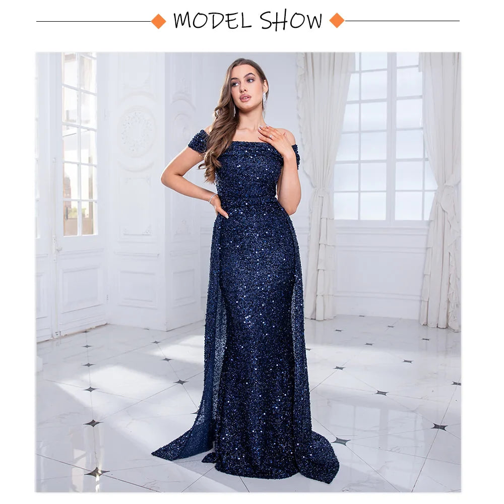 Navy Blue Slash Neck Off Shoulder Prom Gown Sequin Detachable Train Mermaid Evening Party Dresses Cocktail Dress 2025