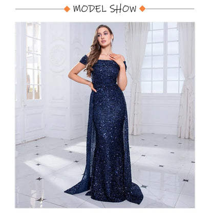 Navy Blue Slash Neck Off Shoulder Prom Gown Sequin Detachable Train Mermaid Evening Party Dresses Cocktail Dress 2025