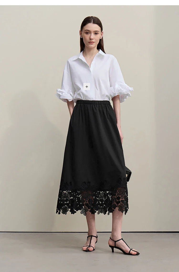 Women's Skirt 2026 Summer New Elastic Waist Cutout Lace Hem Midi Casual Loose Fit Floral Trim Skirt For Women 12622106