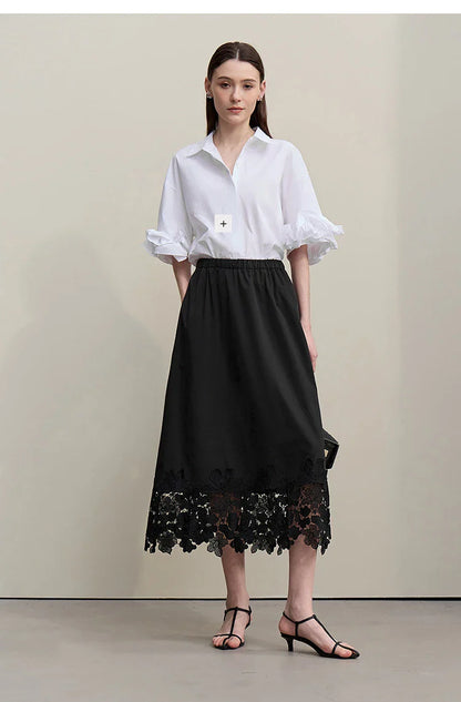 Women's Skirt 2026 Summer New Elastic Waist Cutout Lace Hem Midi Casual Loose Fit Floral Trim Skirt For Women 12622106