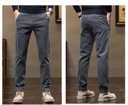 Winter Thicken Men's Solid Slim Straight Casual Pants Business Classic Fleece Trousers Male Warm Plaid Elasticity Pants