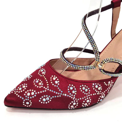 2025 Summer New Design Specials Italian Women Shoes and Bag Set Wine Color Comfortable High Heels With Rhinestone