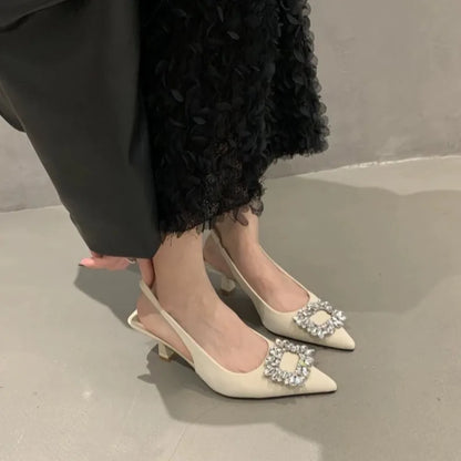Women Sandals Summer Pointed Toe Slingback Mules Shoes Woman Fashion Rhinestone Ladies High Heels Sexy Pumps Party Dress Shoes