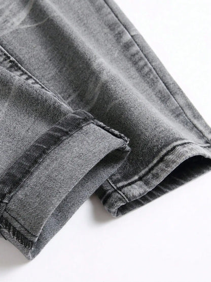 Calça Jeans Masculina Elástica Streetwear Rasgada Patchwork com Furos Calça Casual com Elástico na Cintura Jeans Destruído Slim Reta