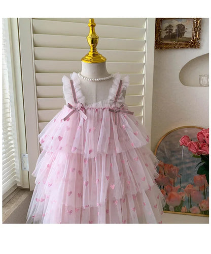 New Summer Baby Girls Party Dress Sleeveless Spaghetti Strap Love Heart Layered Princess Dresses for 3-7Year Old Kids E2310