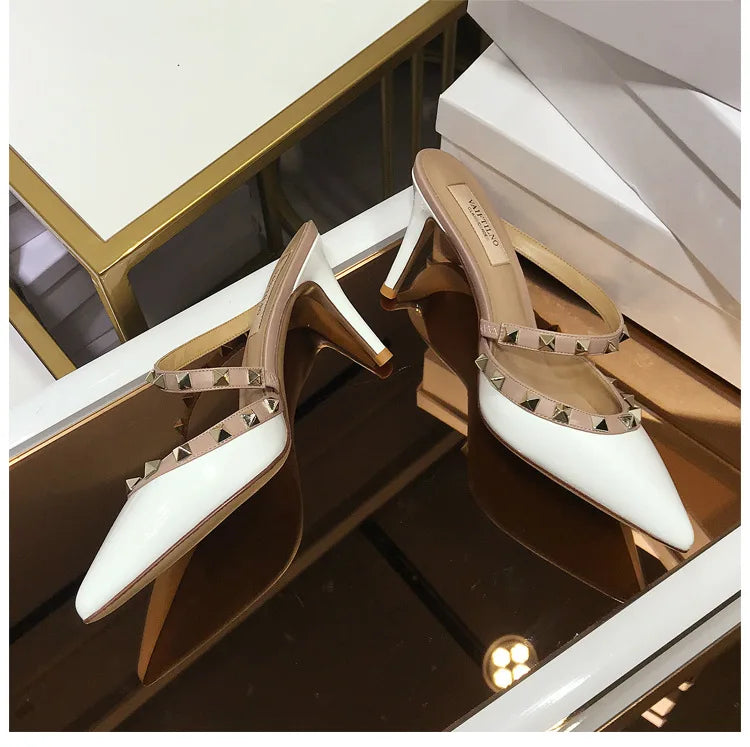2025 New Genuine Leather Gladiator Pumps Sandals Luxury Metal Rivets Summer Women Outdoor Slippers Black Fashion High Heels 41