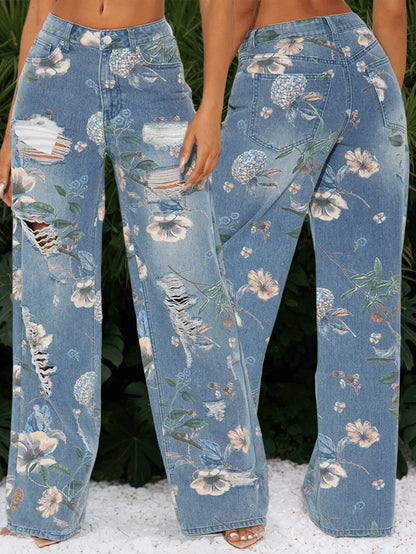 Women's Printed Straight-Leg Distressed Denim Jeans