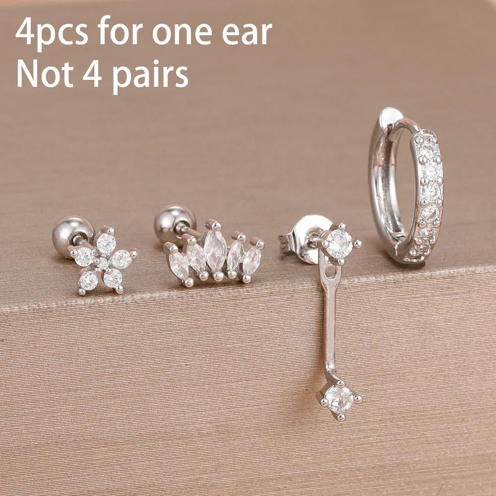 4PCS Stainless Steel Circle Huggie Hoop Earrings Set for Women Gold Color Unique Zircon Flower Stud Earring Piercing Jewelry