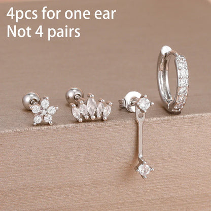 4PCS Stainless Steel Circle Huggie Hoop Earrings Set for Women Gold Color Unique Zircon Flower Stud Earring Piercing Jewelry