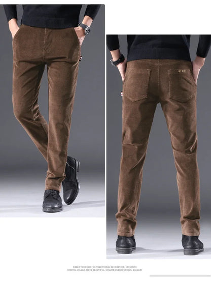 Men's Corduroy Slim Casual Pants 2024 Autumn New Coffee Fashion Stretch Straight Trousers Solid Color Male Clothes
