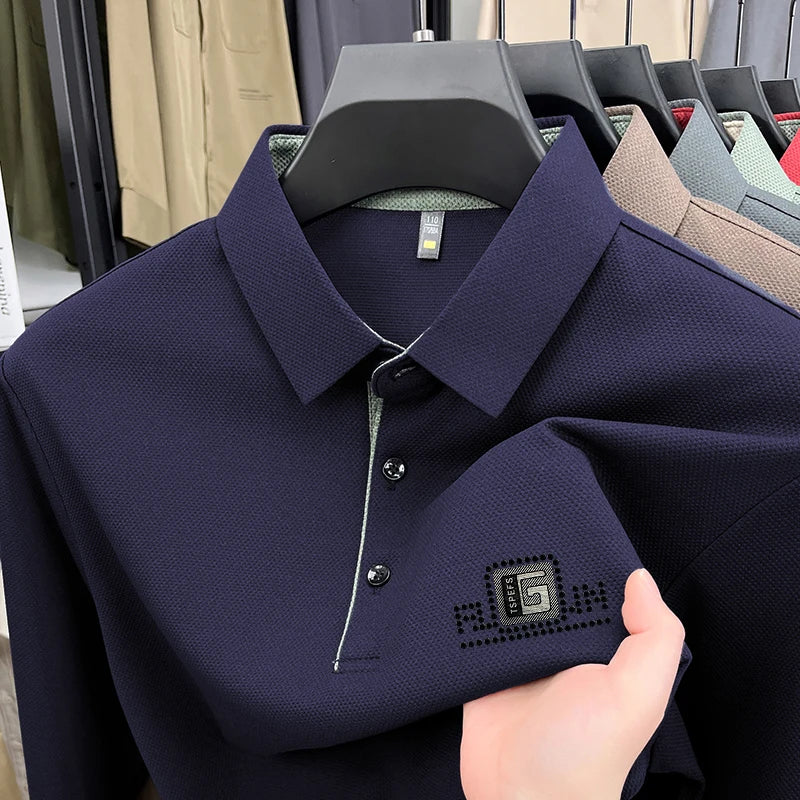 High End Brand Quality Men's Polo Shirt Autumn Exquisite Solid Color Letter Print Lapel Long Sleeve Business Classic Menswear