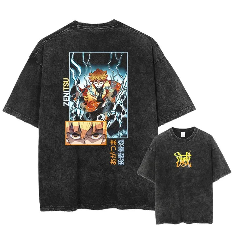 Summer Men's Washes T-shirts Japanese Anime Demon Slayer Agatsuma Zenitsu Graphic Clothing Harajuku Y2K Oversized  Cotton Tops